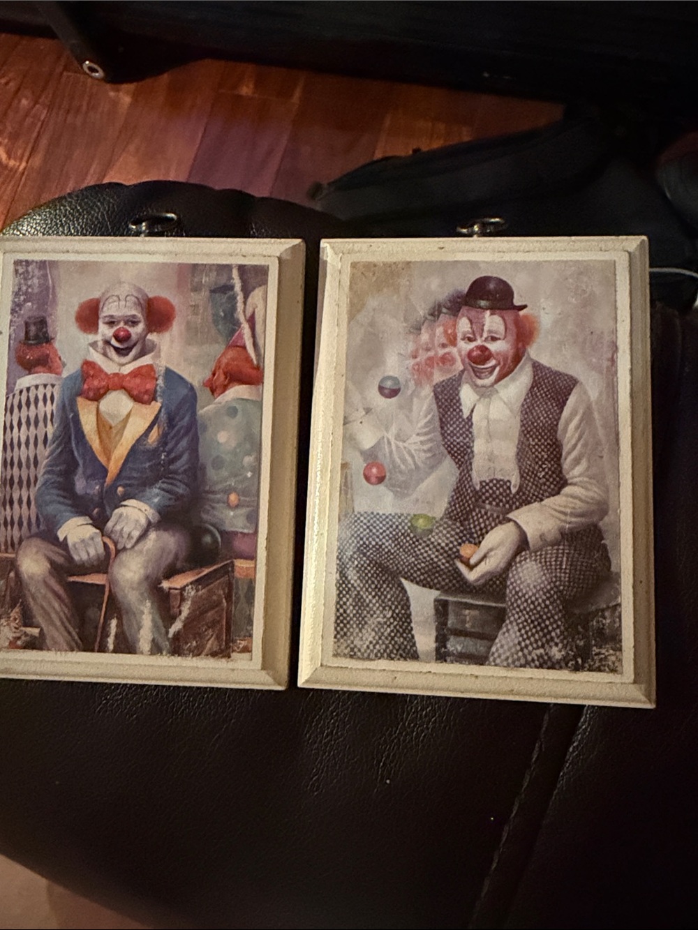 Set of Two Clown Art Prints in Cream Frames — Whimsical Red-Accented Decor
